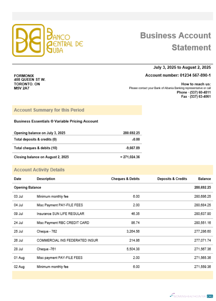 Banco Central de Cuban bank business firm account statement Word snd PDF format
